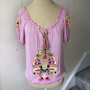 Pia Pauro Pink Rayon Neon Embroidered Peasant Top